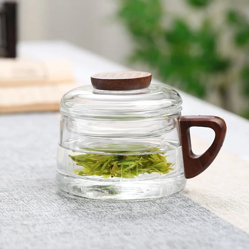 200ml Tea Infuser Cup Heat Resistant Glass Mug Wood Handle