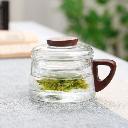 200ml Tea Infuser Cup Heat Resistant Glass Mug Wood Handle