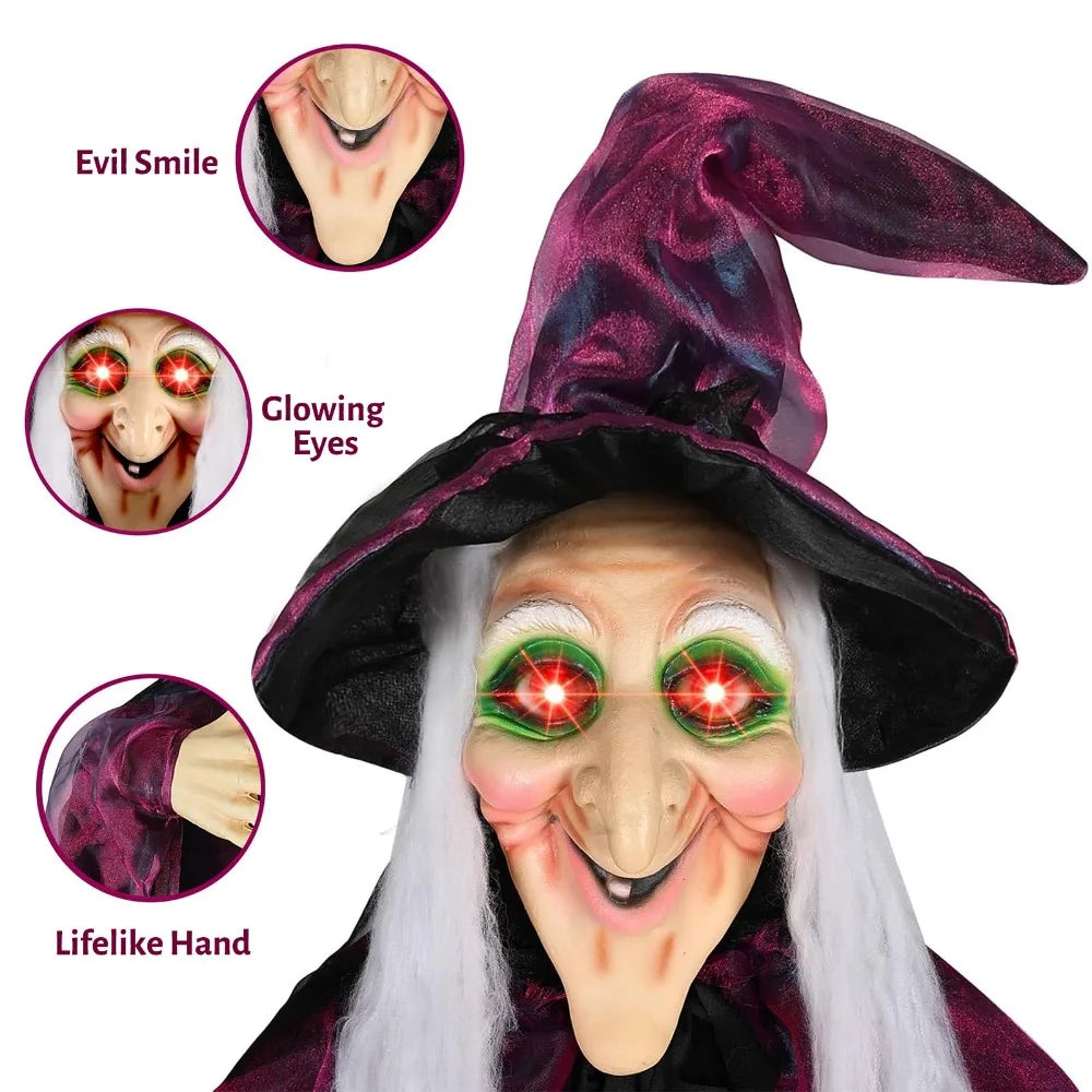 6-Foot Life-Size Animated Talking Witch in Purple – Sound-Activated Halloween Witch with Glowing Eyes and Screeching Sound for Indoor and Outdoor Decor