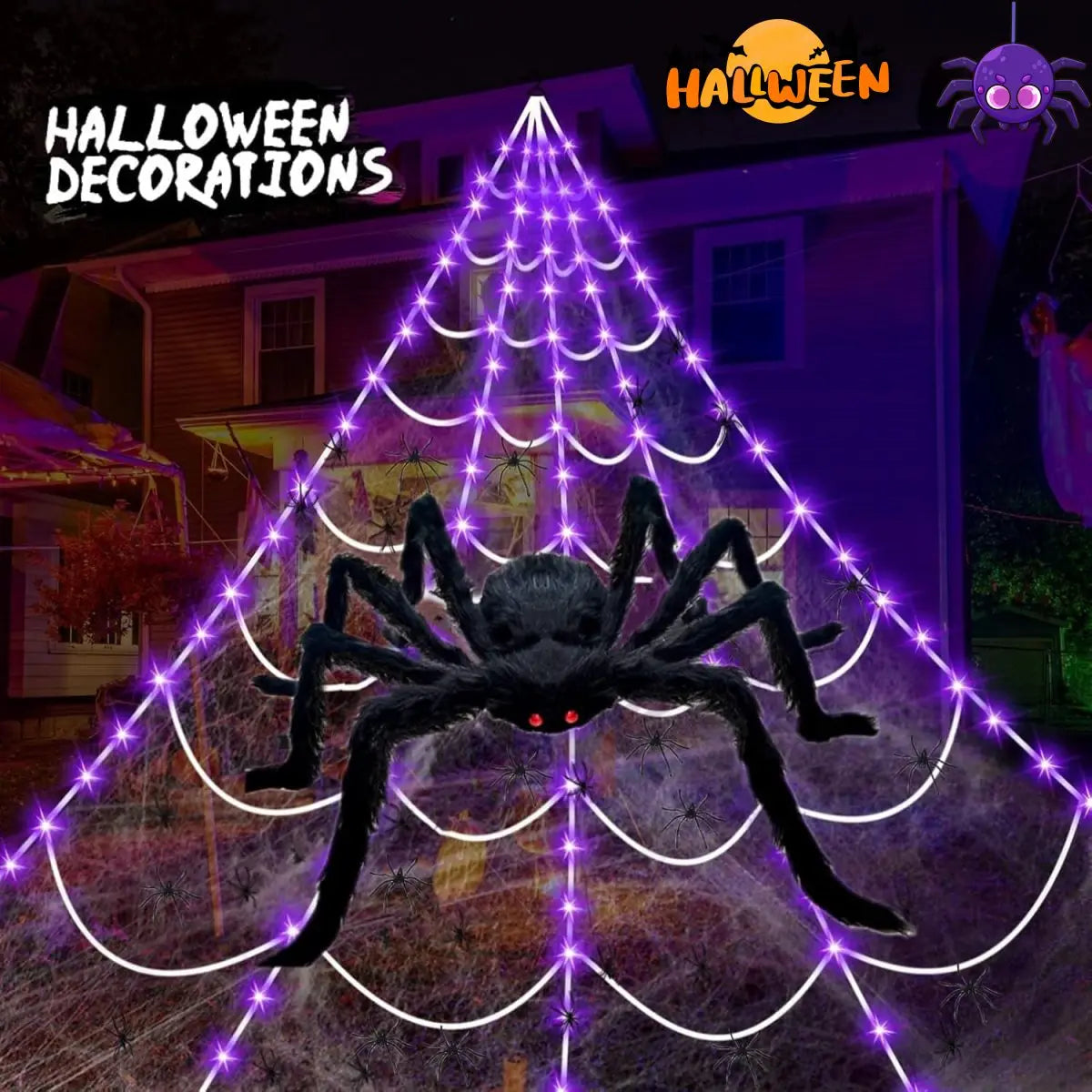 Halloween-spinnenweb met LED-verlichting en realistische enorme spin voor buiten, huis- en tuindecoratie 2026