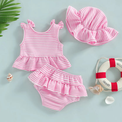 Soft Toddler Girls' Bikini Set - Striped Tank Top With Ruffle, Matching Bottom, Hat, Polyester-Elastane, Summer Swimwear