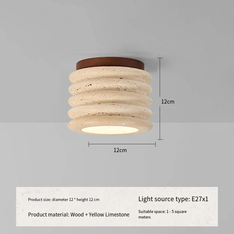 Japandi Travertine Ceiling Light Wood Cap Round Mid Century Lamp