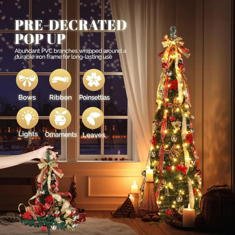 6ft Pre-Lit Pop-Up Christmas Tree with Built-in Lights - Collapsible Pencil-Style Holiday Decor for Effortless Festivity