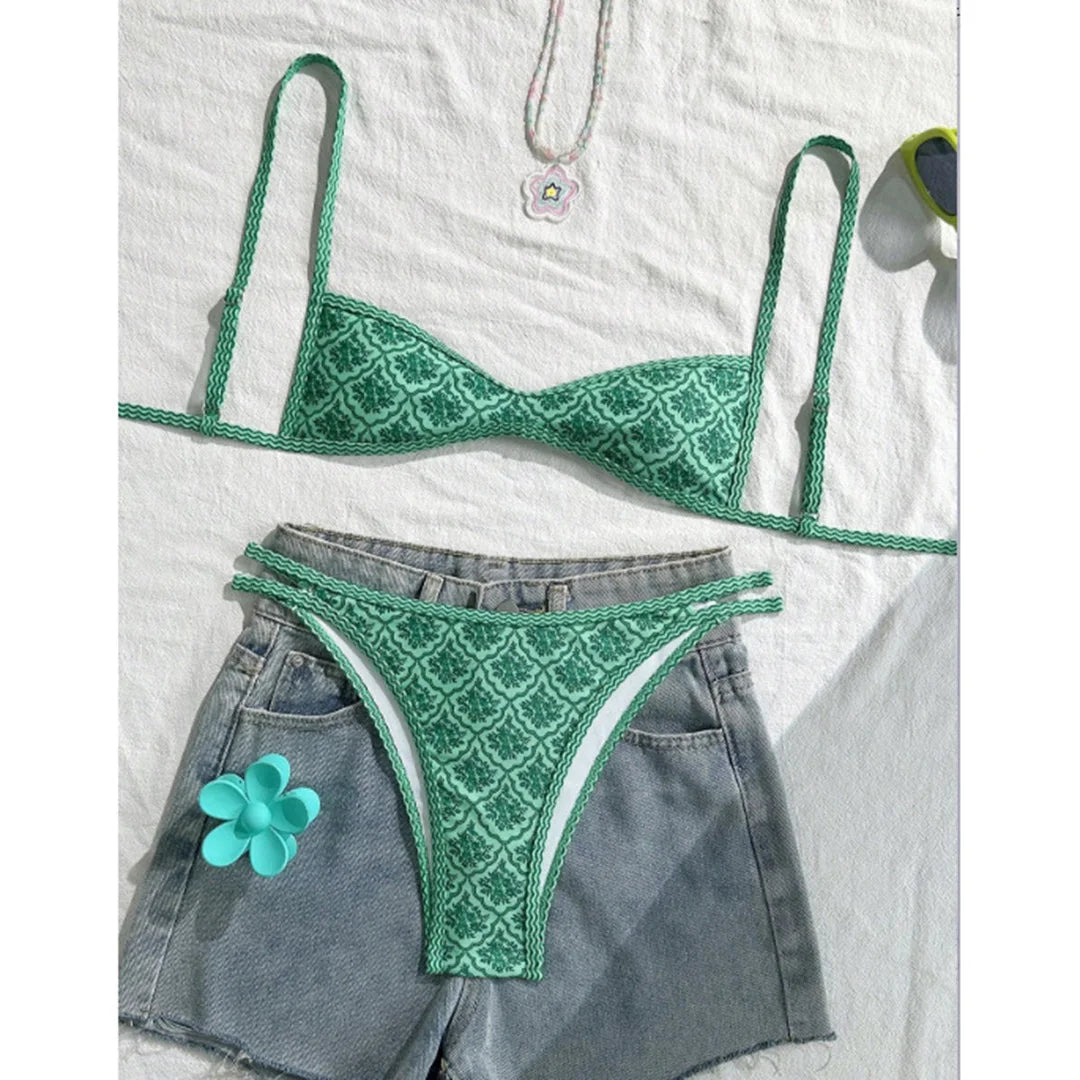 Hurtigtørrende kvindelig bikinisæt – høj benudskæring blomsterprint, polyester, elastan, til svømning