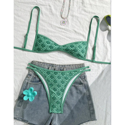 Hurtigtørrende kvindelig bikinisæt – høj benudskæring blomsterprint, polyester, elastan, til svømning