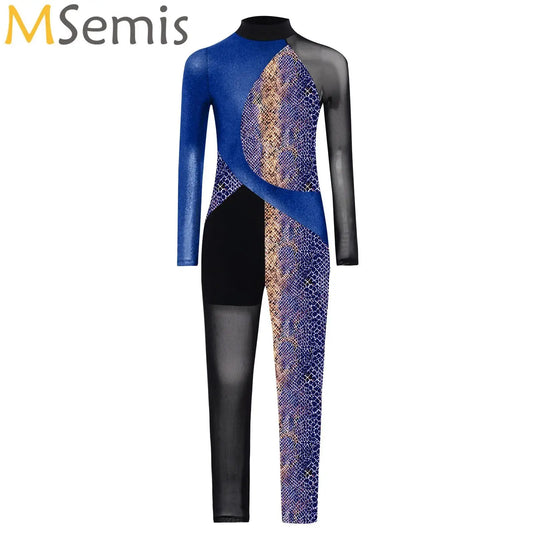 Stretchy Girls Unitard – Long Sleeve, Snakeskin, Polyester, Nylon, Elastane, For Ballet, Rhythmic Gymnastics