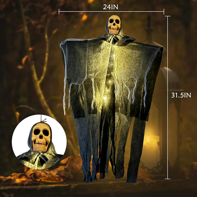Oplichtende schedel, skelet en gaas met hangende geest voor Halloween, griezelige decoratie voor huis, tuin en buiten 2026