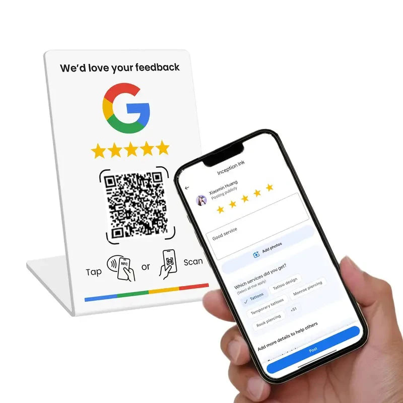 NFC Google Review Tap Card 215 - Programmable 13.56MHz QR Code Table Stand for Business