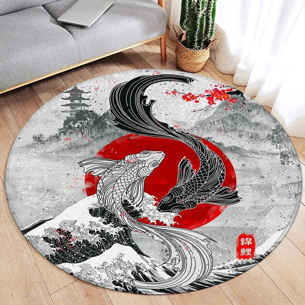Koi Fish Round Rug Japanese Water Ink Floor Decor Serene