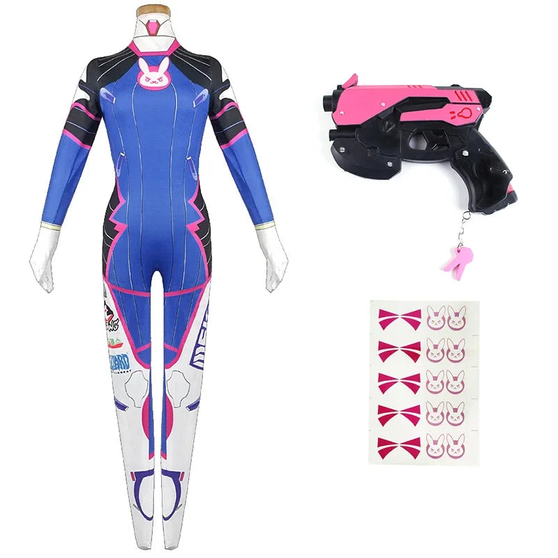 Overwatch DVa Meka Pilot Zentai Jumpsuit Cosplay Costume Set with Wig Headphones and Gun Props 2026