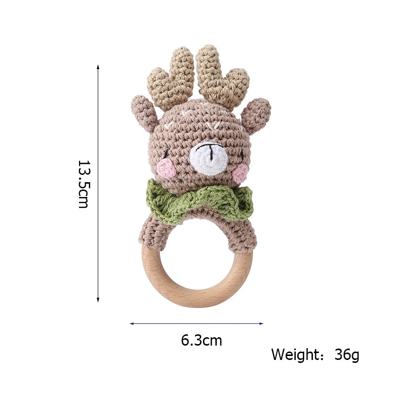 Wooden Crochet Animal Teether Rattle Newborn Sensory Toys