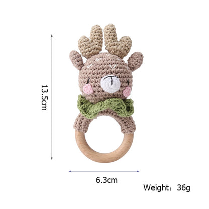 Wooden Crochet Animal Teether Rattle Newborn Sensory Toys