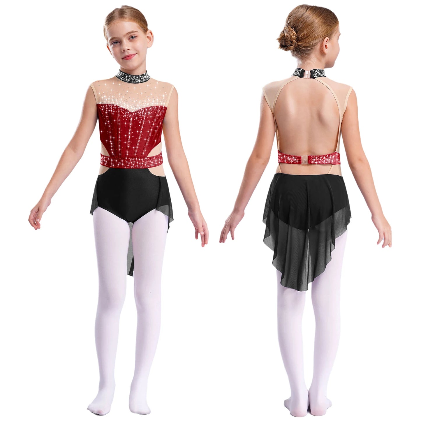 Stretchy girls' leotard - rhinestone mesh yoke, sleeveless, polyester, nylon, elastane, for lyrical dance performance