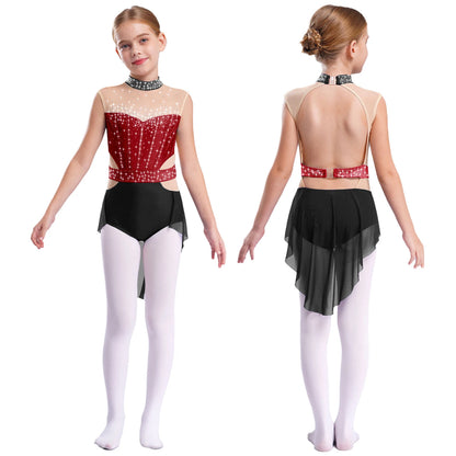 Stretchy girls' leotard - rhinestone mesh yoke, sleeveless, polyester, nylon, elastane, for lyrical dance performance