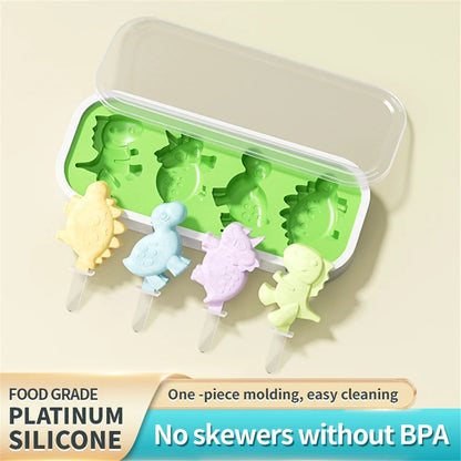 Dinosaur-Shaped Ice Cream Mold and Ice Pop Maker with Lid and Sticks, Food-Grade Silicone, Non-Stick, Temperature Resistant