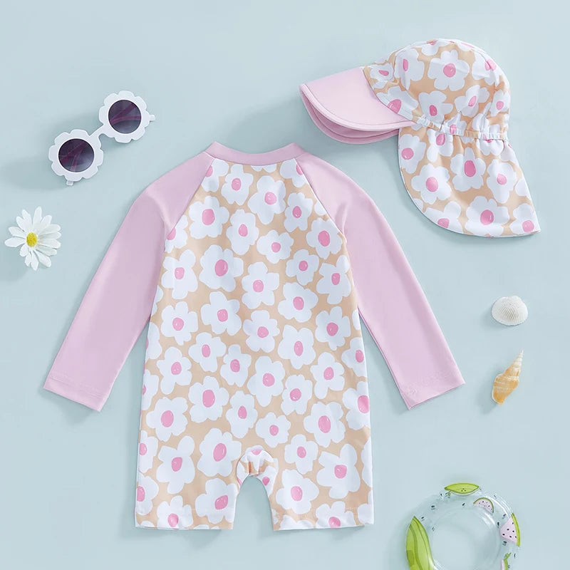 Let holdbar toddler pigebadedragt med rashguard - langærmet blomster flamingo print, polyester elastan, strandtøj