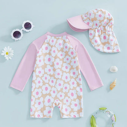 Let holdbar toddler pigebadedragt med rashguard - langærmet blomster flamingo print, polyester elastan, strandtøj