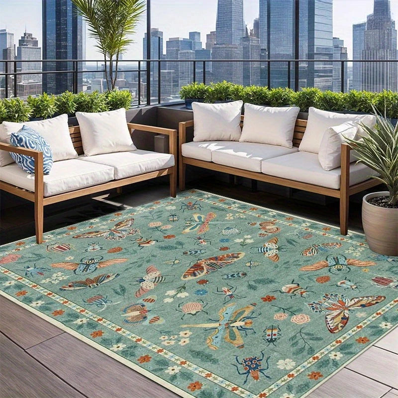 Insect Print Area Rug Teal Washable Non Slip Living Room