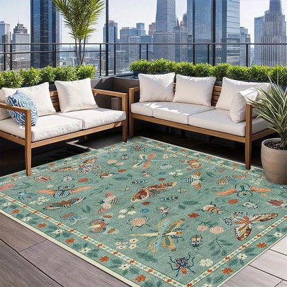 Insect Print Area Rug Teal Washable Non Slip Living Room