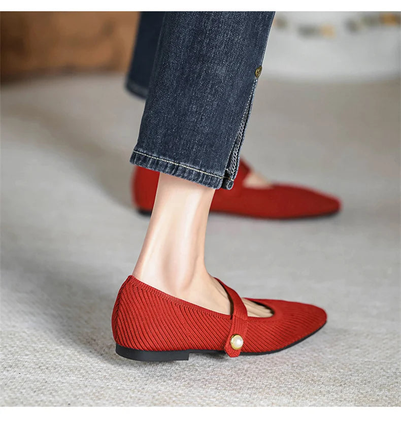 Stretchy Women Mary Jane Flats - Ribbed Knit For Spring