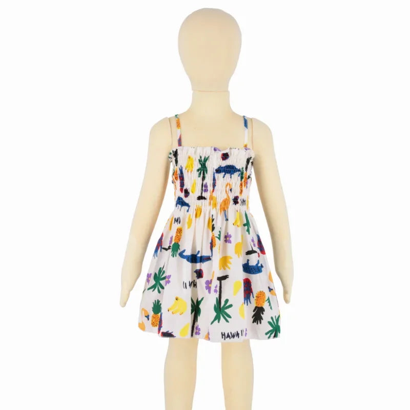 Soft girls' floral sundress - smocked bodice, polyester, for casual beach party