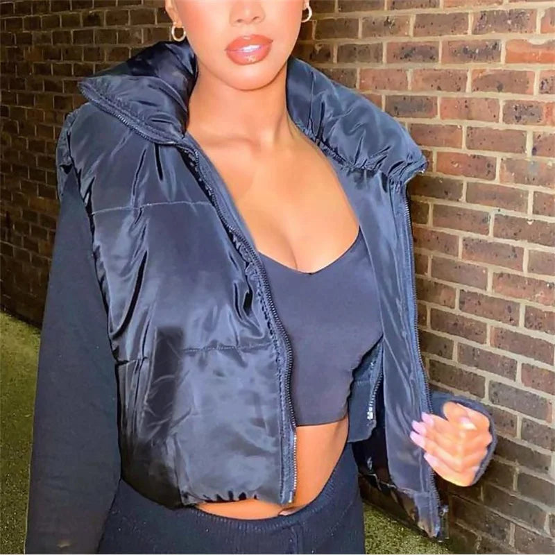 Warm Women’s Puffer Vest - Cropped Boxy, Polyester, Winter