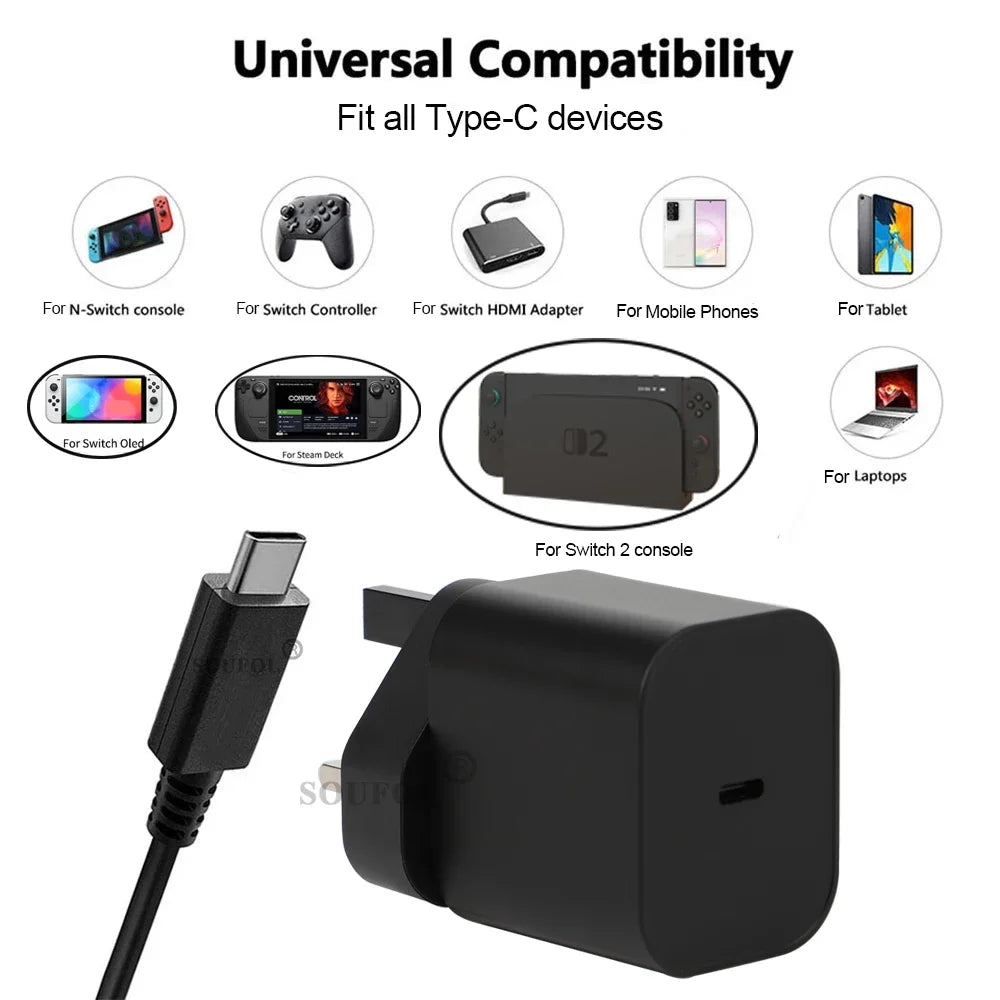 Cargador rápido USB C de 60W con enchufes EU US UK para Switch2