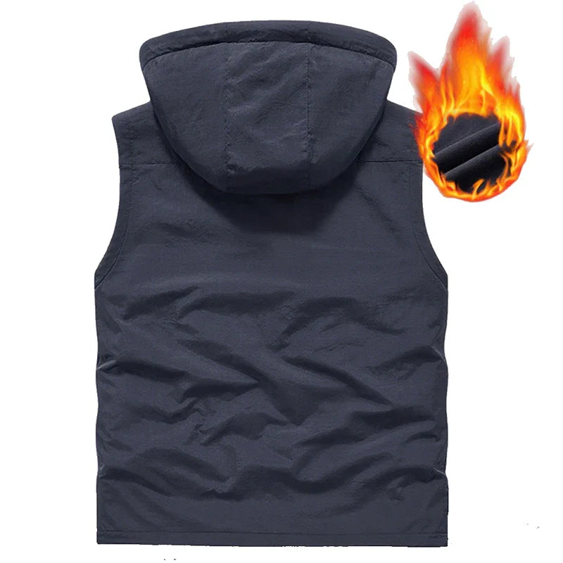 Warm Versatile Men Hooded Vest - Fleece Lined, Nylon, Outdoor
