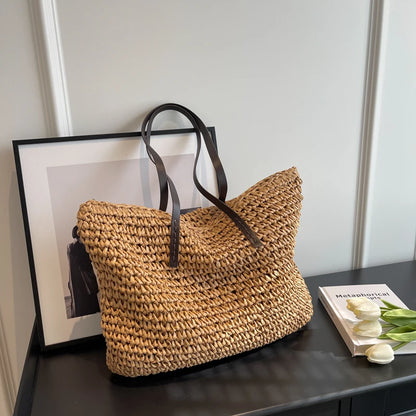 Straw Tote Bag Woven Beach Shoulder Bag Summer 2026 Large Capacity Carryall For Travel And Daily Use