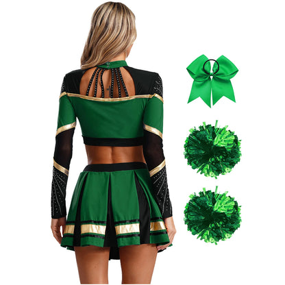 Cosplaykostuum voor cheerleaderoptredens voor vrouwen, crop-top met lange mouwen en geplooide rok met pompons 2026