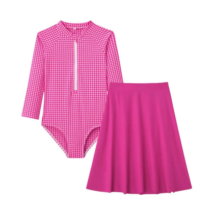Quick-Dry Unisex Kids Swimsuit - One-Piece Gingham Plaid, Polyester, For Summer Vacation