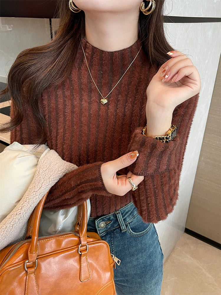 Blød Kvinde Mock Neck Sweater - Tætsiddende Ribstrikket, Strikket, Vinter
