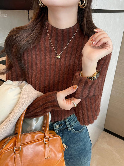 Blød Kvinde Mock Neck Sweater - Tætsiddende Ribstrikket, Strikket, Vinter