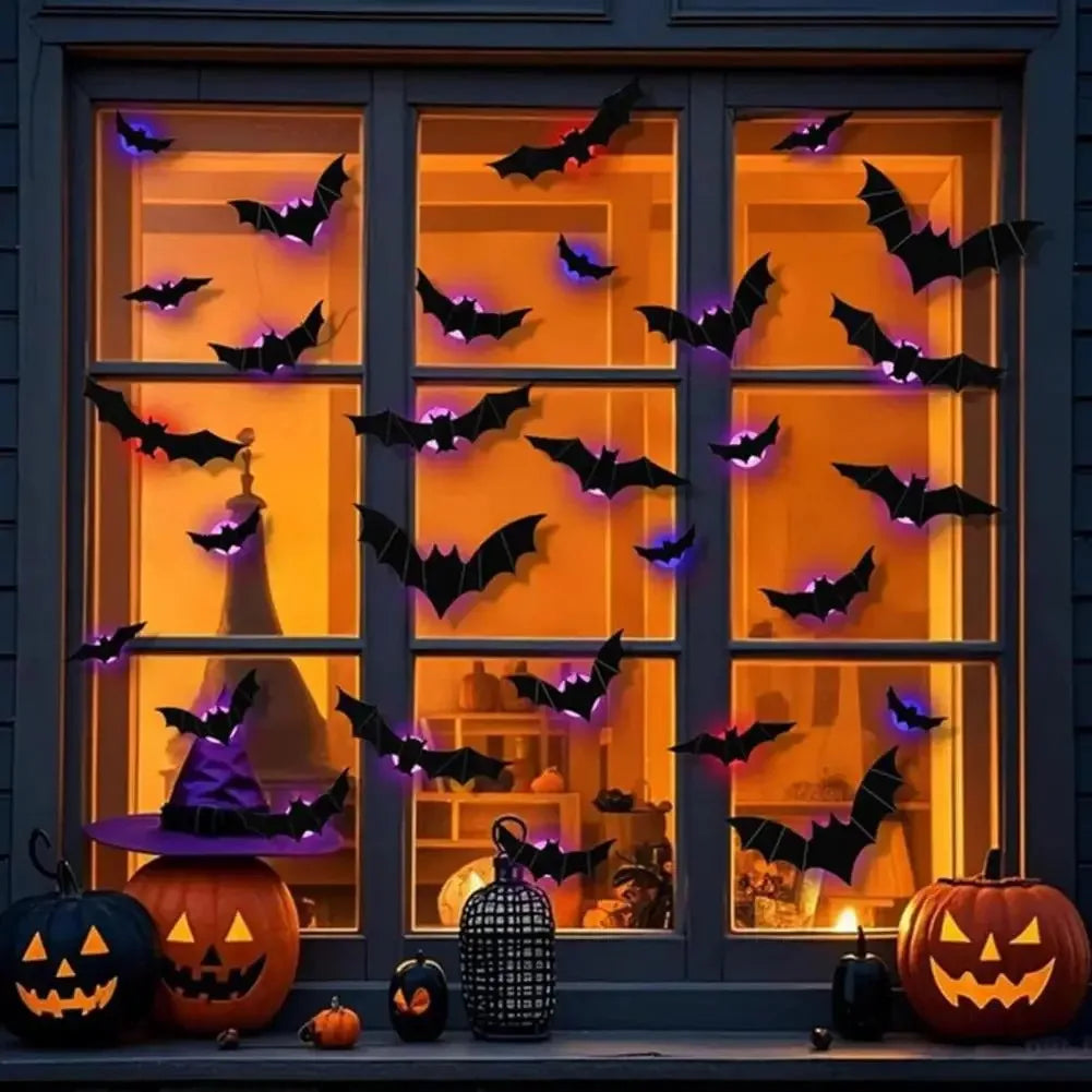 3D-paarse en groene LED-nachtlamp als Halloween-vleermuis en -spin, zelfklevende muurstickers voor huis en feestdecoratie 2026