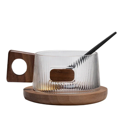 Koffiemokset 250ml Glas Met Houten Handvat, Dienblad En Lepel, Geribbelde Theekop Informeel Herfst 2025 Gezellig Cadeau
