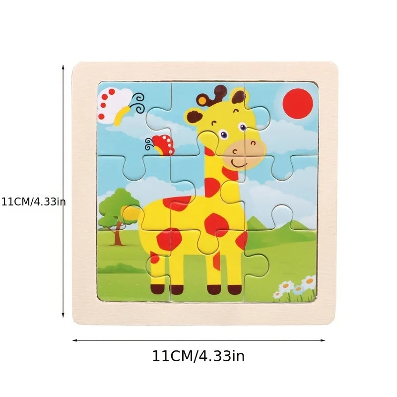 Kids Wooden Jigsaw Puzzle - Montessori Cartoon Animal Vehicle Educational Toy for Children