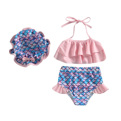 Costume bikini morbido per ragazze - top corto con volant e collo allacciato, stampa squame di sirena, pantaloncini, poliestere, per vacanze estive