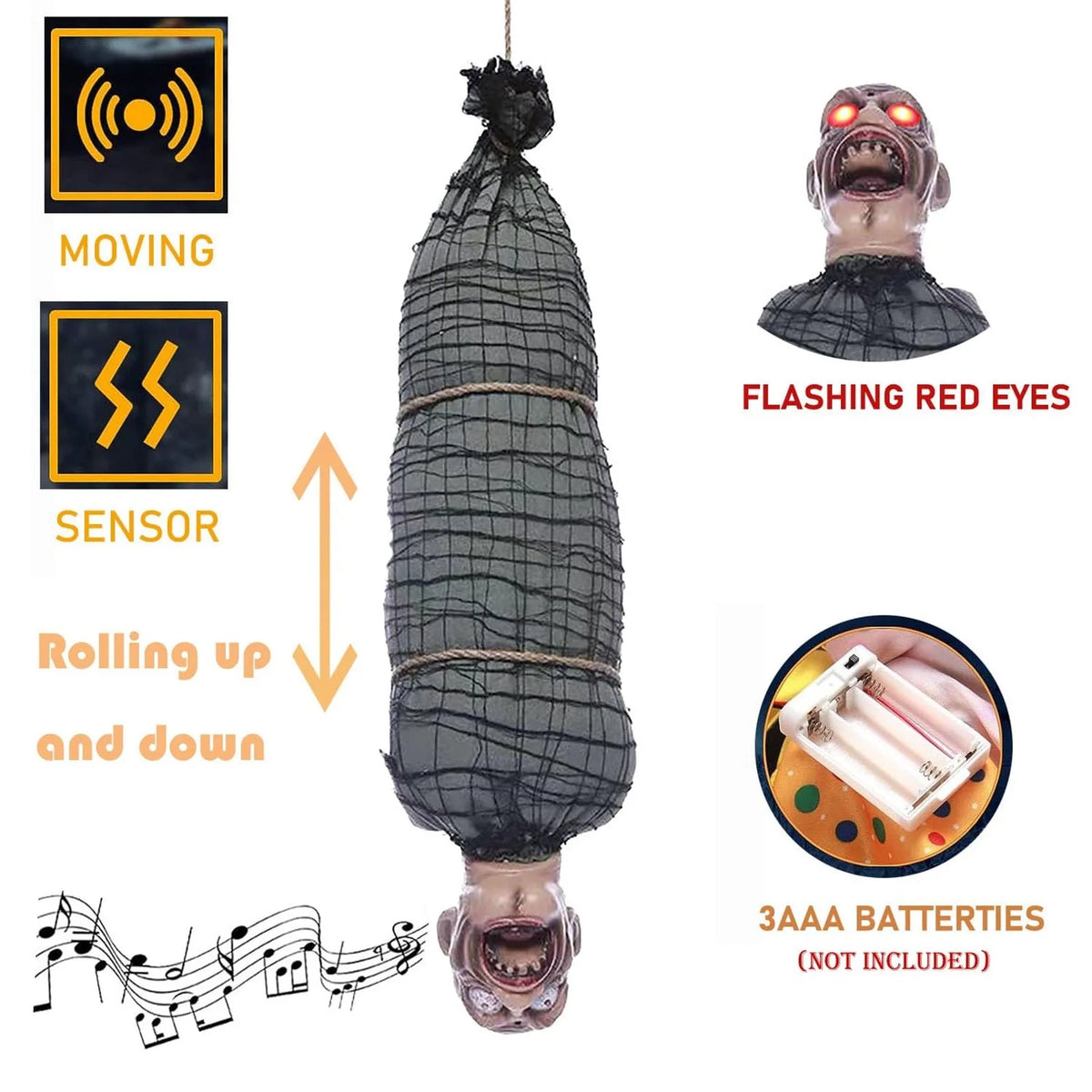Geanimeerd hangend lijk van 2.46 Ft met LED-ogen, pratend en schuddend, met geluidseffect, Halloweendecoratie 2026