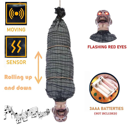 Geanimeerd hangend lijk van 2.46 Ft met LED-ogen, pratend en schuddend, met geluidseffect, Halloweendecoratie 2026