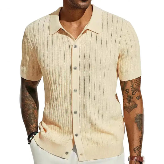 Plus Size Summer Men Knitted Cardigan Shirt, Breathable Short Sleeves Beach Top