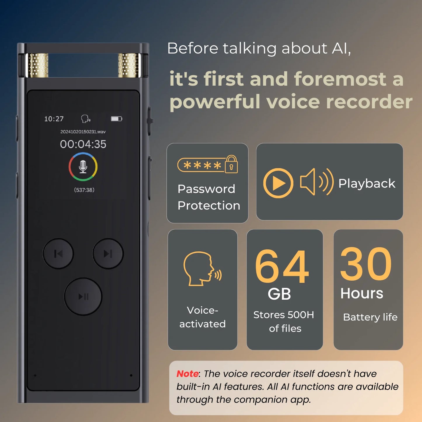 AI Voice Recorder 64GB Aluminum Dictaphone Transcribe