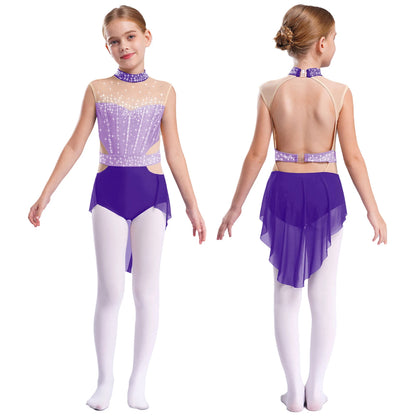 Stretchy girls' leotard - rhinestone mesh yoke, sleeveless, polyester, nylon, elastane, for lyrical dance performance