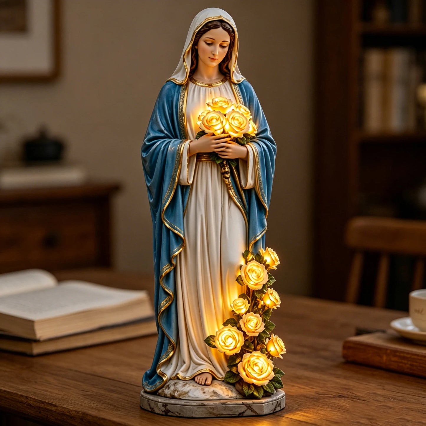 Virgin Mary Statue 7.87 Inch Outdoor Resin Garden Decor With Lighting Roses Religious Figurine Mother's Day Gift