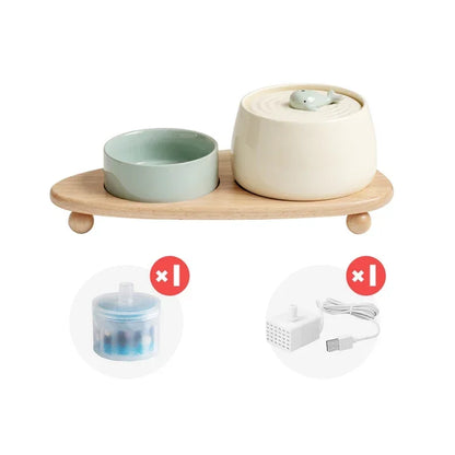 Katzen Trinkbrunnen 1300ml Keramik USB Aufladbarer Haustierbrunnen Mit Filter Und Holzständer Herbst 2025 Kontinuierliche Hydration