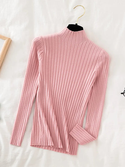 Stretchy Flattering Women Ribbed Sweater - Mock Neck, Knit