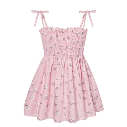 Soft girls' floral sundress - smocked bodice, polyester, for casual beach party