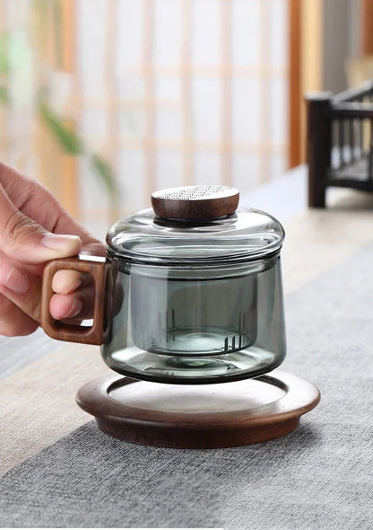 200ml Tea Infuser Cup Heat Resistant Glass Mug Wood Handle