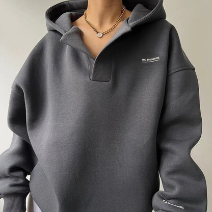 Oversized Cozy Women's Hoodie - Boxy V Notch, Fleece