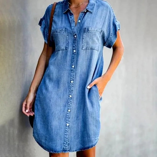Damen Sommer Denim Hemdkleid - Lässiger lockerer Retro-Pendler Büro-Stil mit Taschen