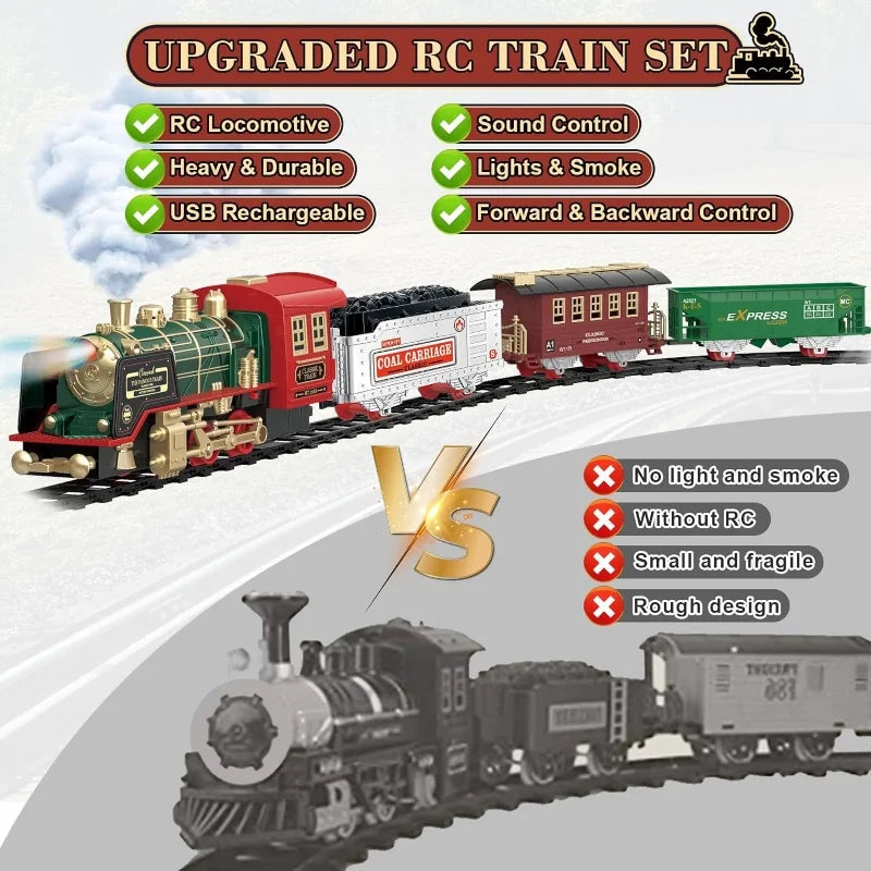 Remote Control Antique Steam Train Set - Christmas Gift for Kids, Rechargeable Electric Train with Lights & Sounds for Holiday Fun